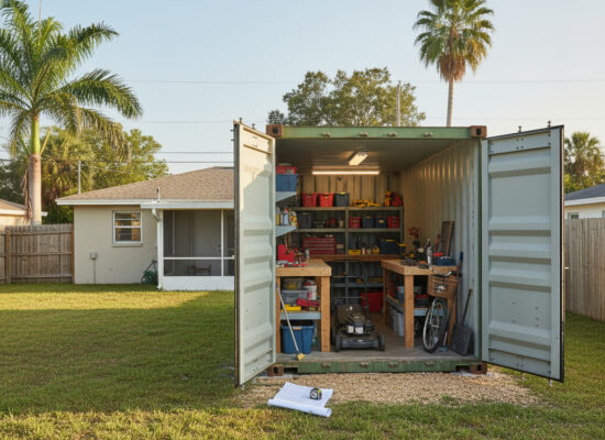 Shipping container used as a backyard garage and workshop in a typical Florida residential property