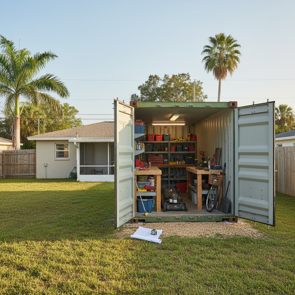 Shipping container used as a backyard garage and workshop in a typical Florida residential property