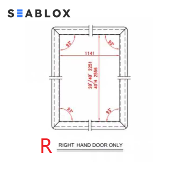 Technical diagram of a right-hand container door gasket layout with dimensions, corner angles, and labeled measurements.