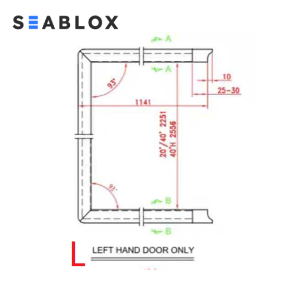 Technical diagram of a left-hand container door gasket layout with dimensions, corner angles, and section details labeled A and B.