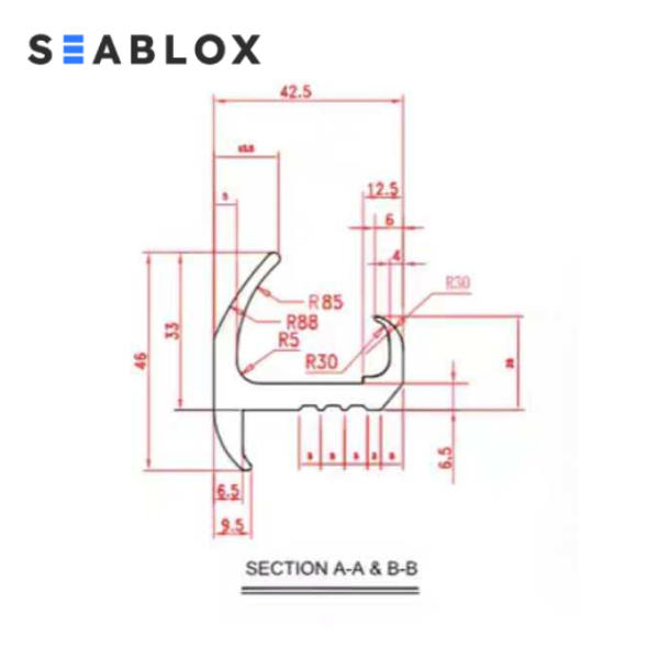 Cross-section technical drawing of a container door gasket profile with detailed dimensions, radii, and labeled sections A-A and B-B.