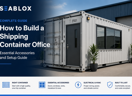 Shipping container office with a man door and large windows