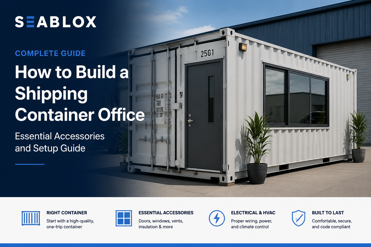 Shipping container office with a man door and large windows