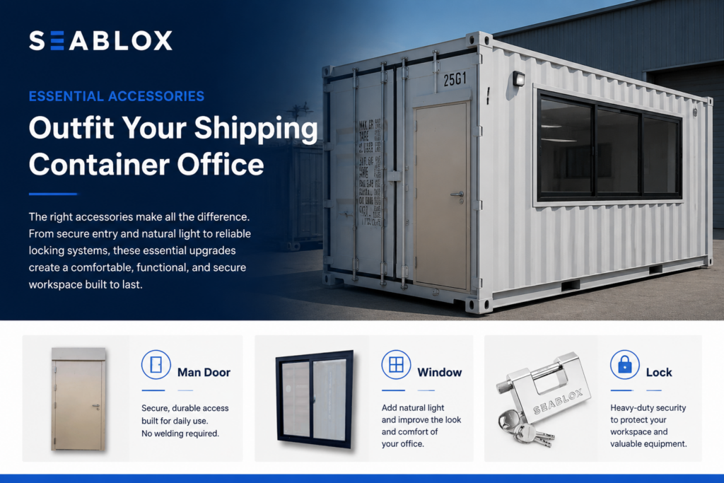 Shipping container office with a man door, window, and security lock accessories