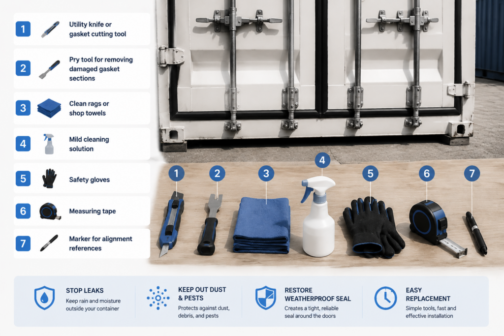 Tools and materials needed for a shipping container door seal gasket replacement