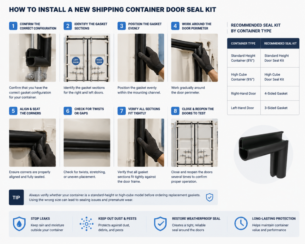 Step-by-step installation of a shipping container door seal kit