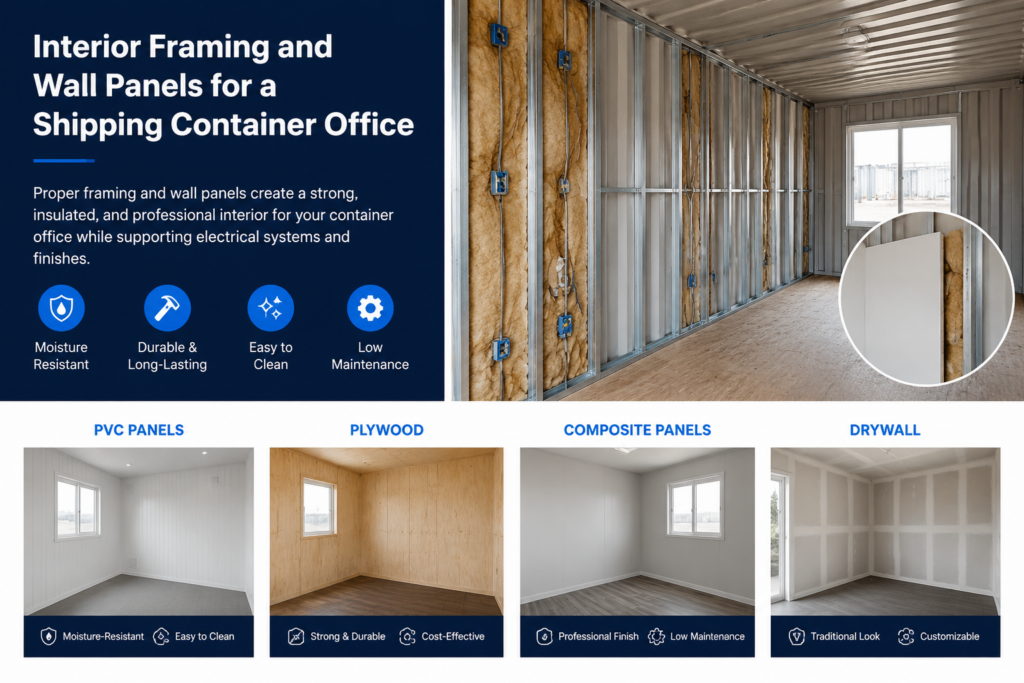 Shipping container office framing, insulation, and wall panel installation options